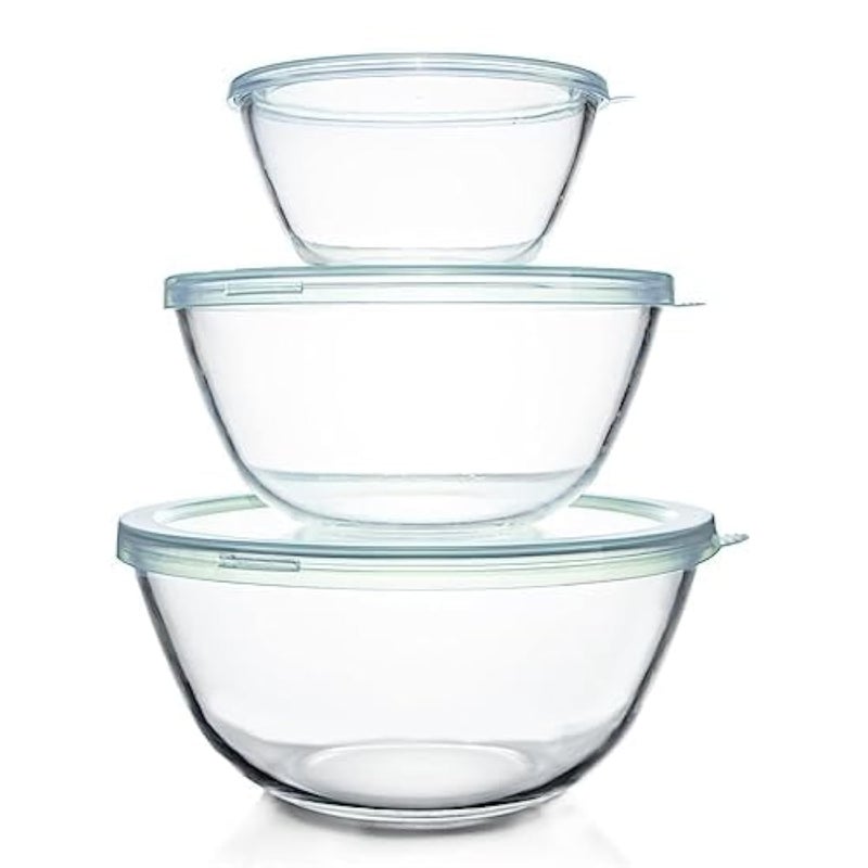 Luvan Glass Mixing Bowls with Lids Set(4.5QT, 2.7QT, 1.1QT)-Large Glass Mixing Bowls, Clear Salad Bowl for Baking, Cooking, Serving, Food Prep, 3PC Nesting Bowls for Kitchen Storage & Dishwasher Safe - Image 1